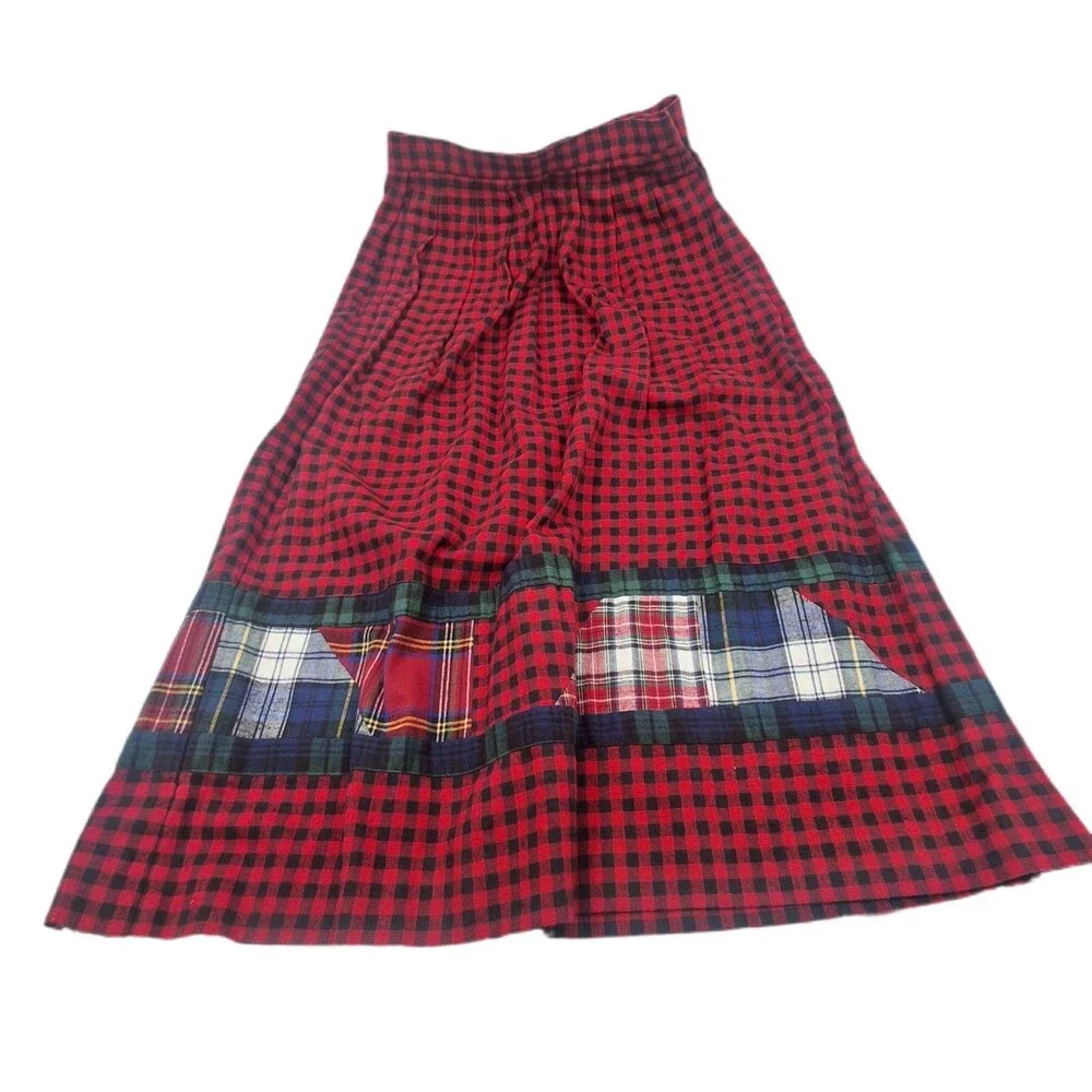 Vintage David Brooks Flannel Skirt Women Size 10 Red & Black Tartan Mixed Print